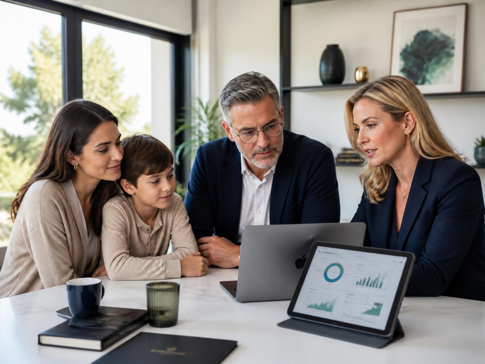 Familia y asesora revisando su plan financiero en una tablet